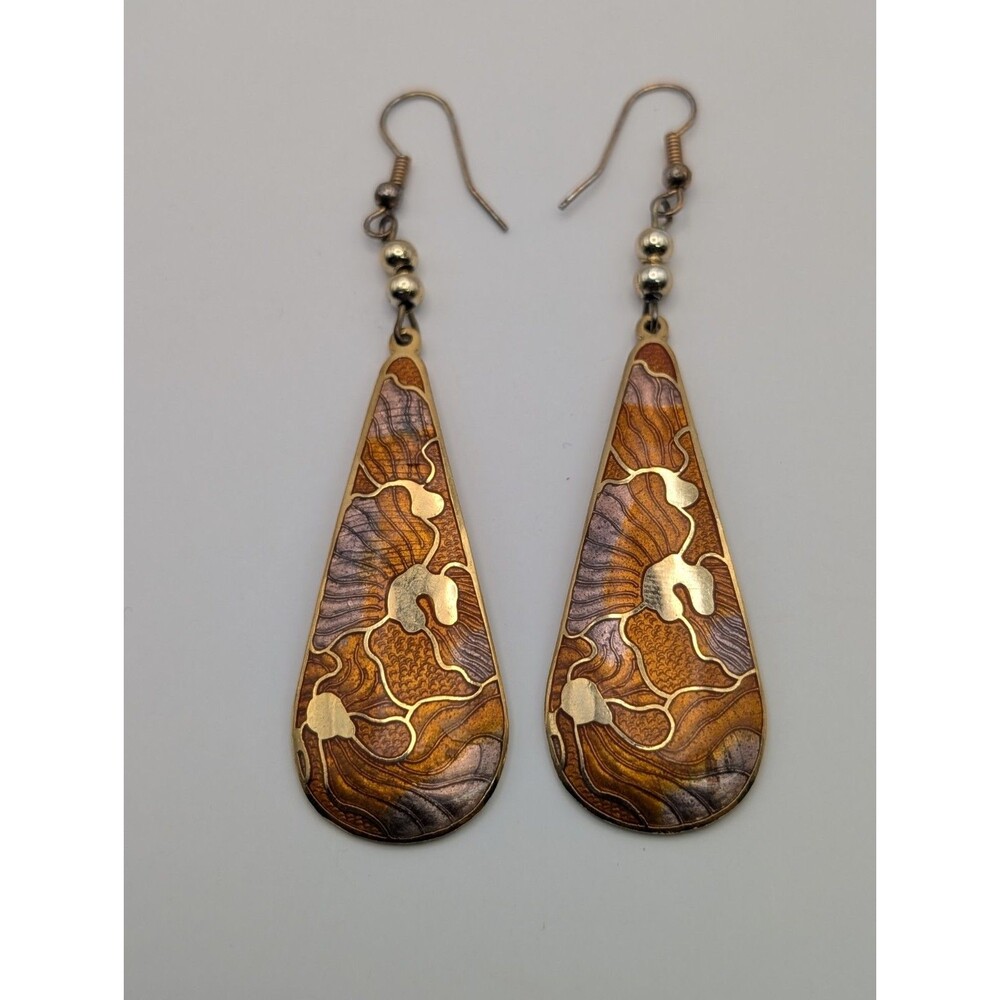 Vintage Cloisonne Enamel Teardrop Dangle Earrings Gold Tone Floral Boho Abstract